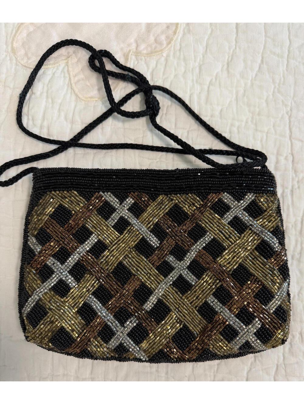 Vintage DELILL Beaded Evening Bag Black Gold Bronze Geometric Purse Macau Deco